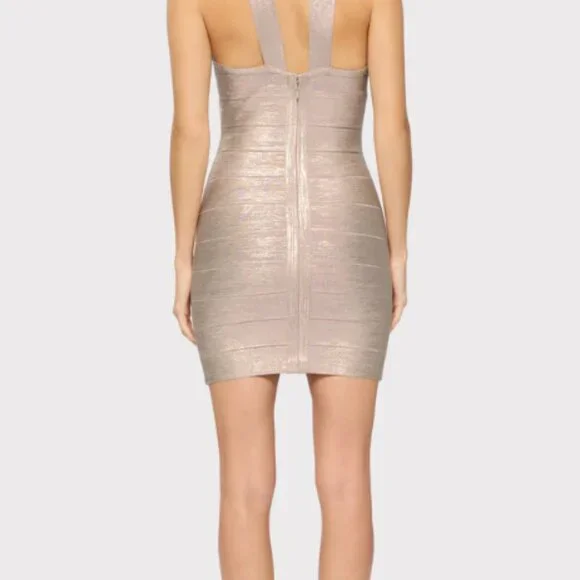 HERVÉ LÉGER Glitter Foil Halter Mini Dress – S – Rose Gold Foil
